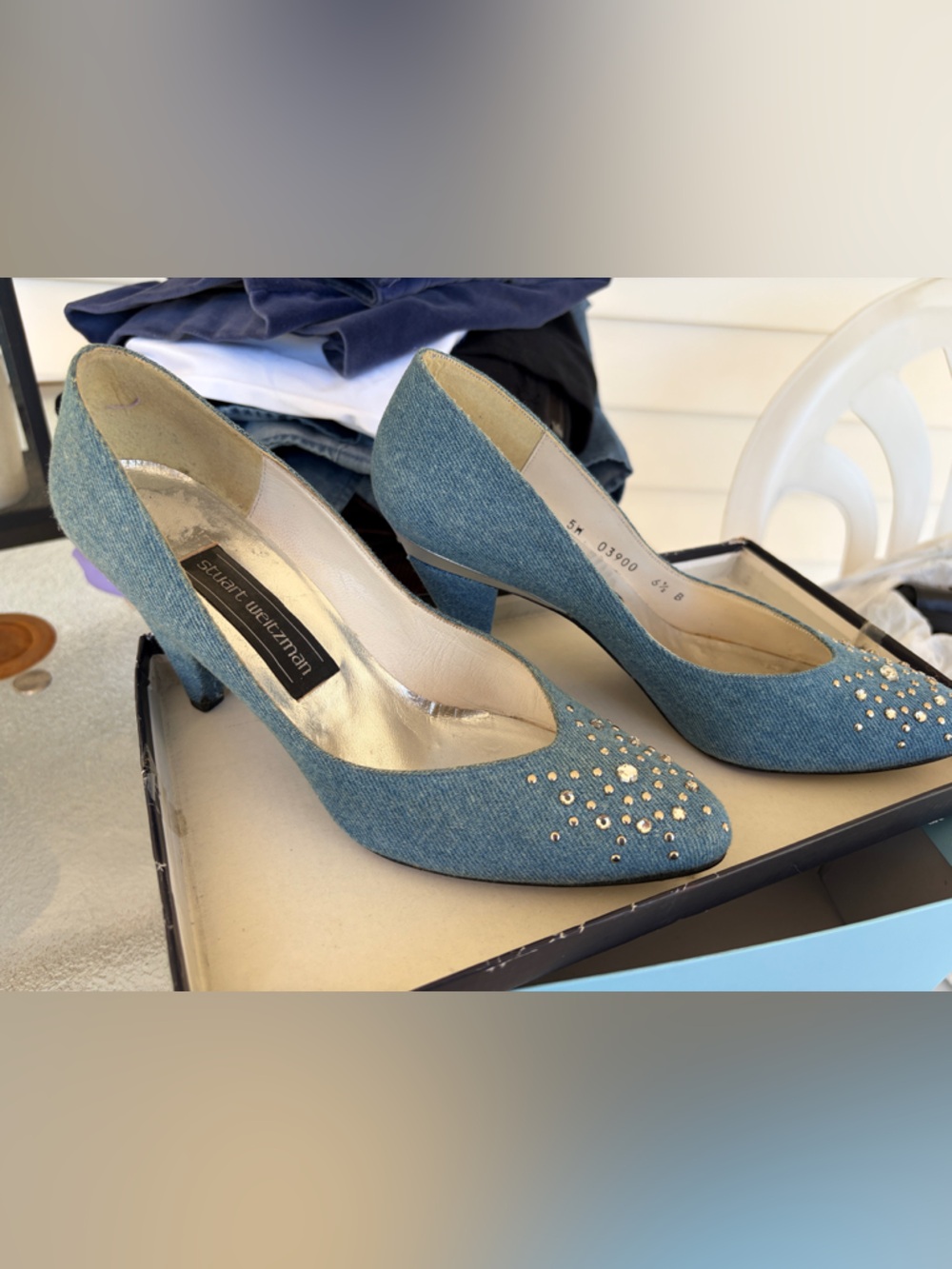 Stuart Weitzman denim studded heels